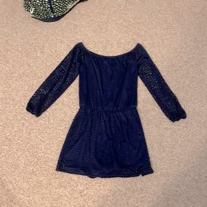 Lilly Pulitzer fun, navy off the shoulder romper. Dress up with heels & hoops!